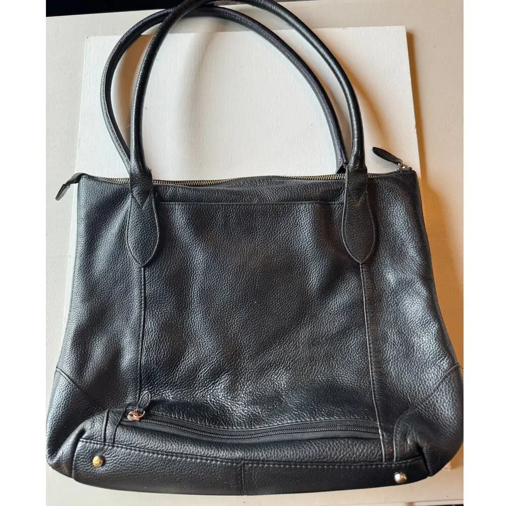 Lodis Black Pebbled Leather Tote Shoulder Bag Zip Top Floral Lining